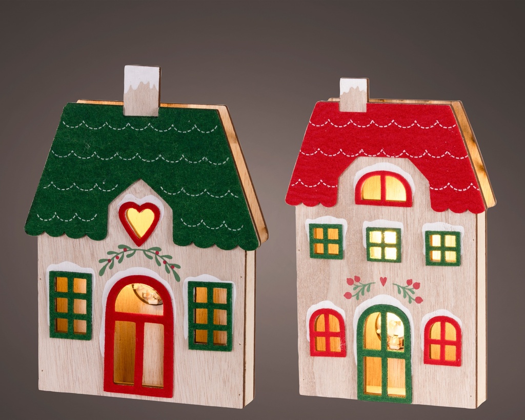 PETITE MAISON EN BOIS ET EN FEUTRE AVEC LUMIERE LED - 2 ASSORTIMENTS - PRIX UNITAIRE - L3.00- l 16.50-H22.00cm-5L