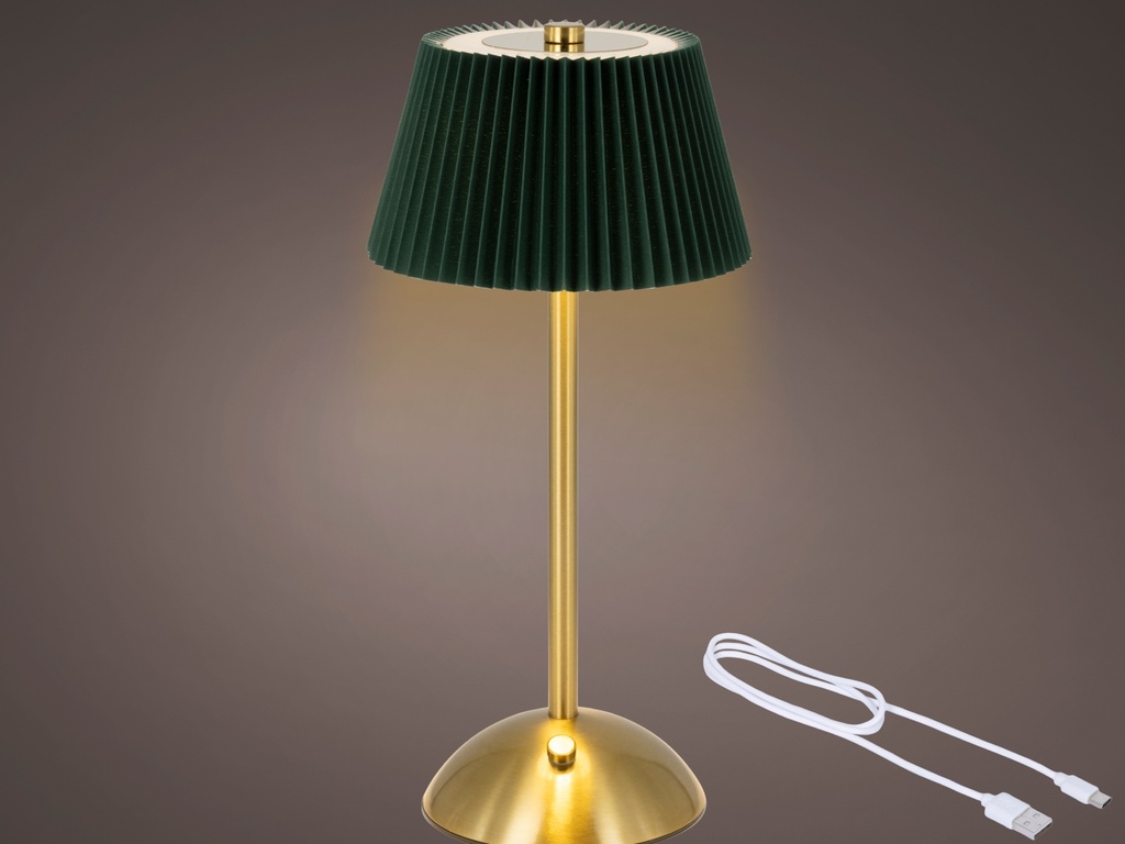 LAMPARA DE MESA RECARGABLE - PANTALLA VERDE  Y PIE DORADO - VARIOS TONALIDADES DE LUZ - dia14.00-H30.00cm-20LEDS