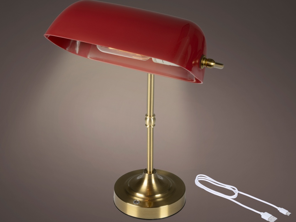 LAMPARA DE SOBREMESA - PANTALLA ROJA SOBRE PIE DORADO - BATERIA - APTO INTERIOR - L15.50-W26.00-H37.00cm-1L