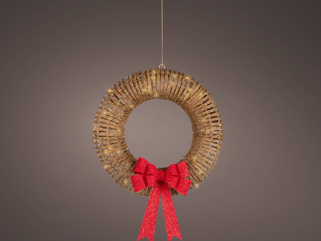 CORONA CON LUZ - WICKER MARRON CON PUNTO DORADO - LAZO ROJO - APTO EXTERIOR-L14.00cm-72LEDS