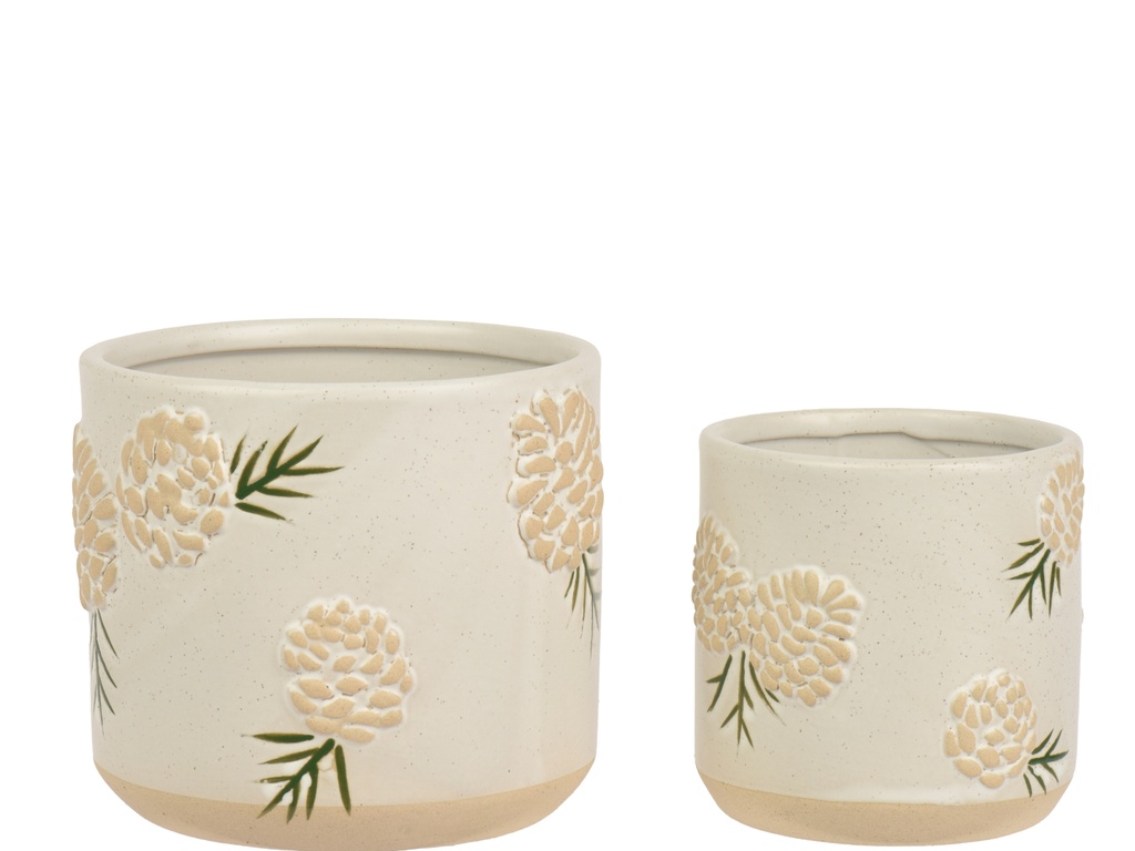 MACETA CERAMICA - BLANCO CON DIBUJO FLOR EN RELIEVE - SET DE DOS - dia14.00-H12.50cm  / dia10.80-H10.50cm