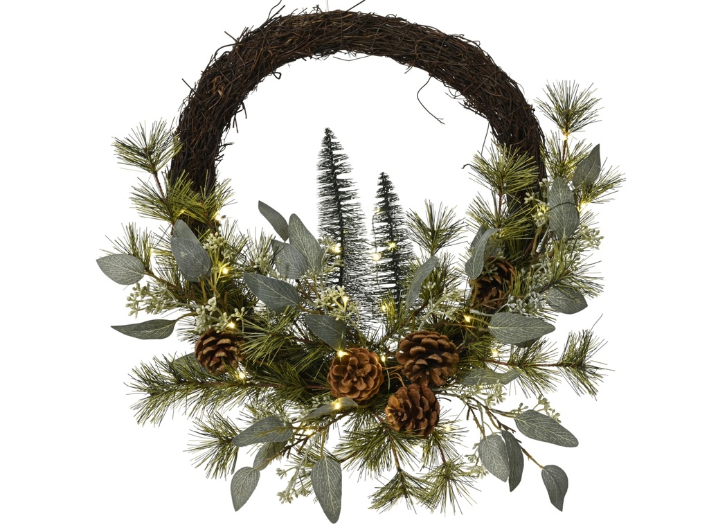 COURONNE AVEC PETITS ARBRES ET LUMIERES - 40,00 - H 12,00 cm - 30 LUMIERES