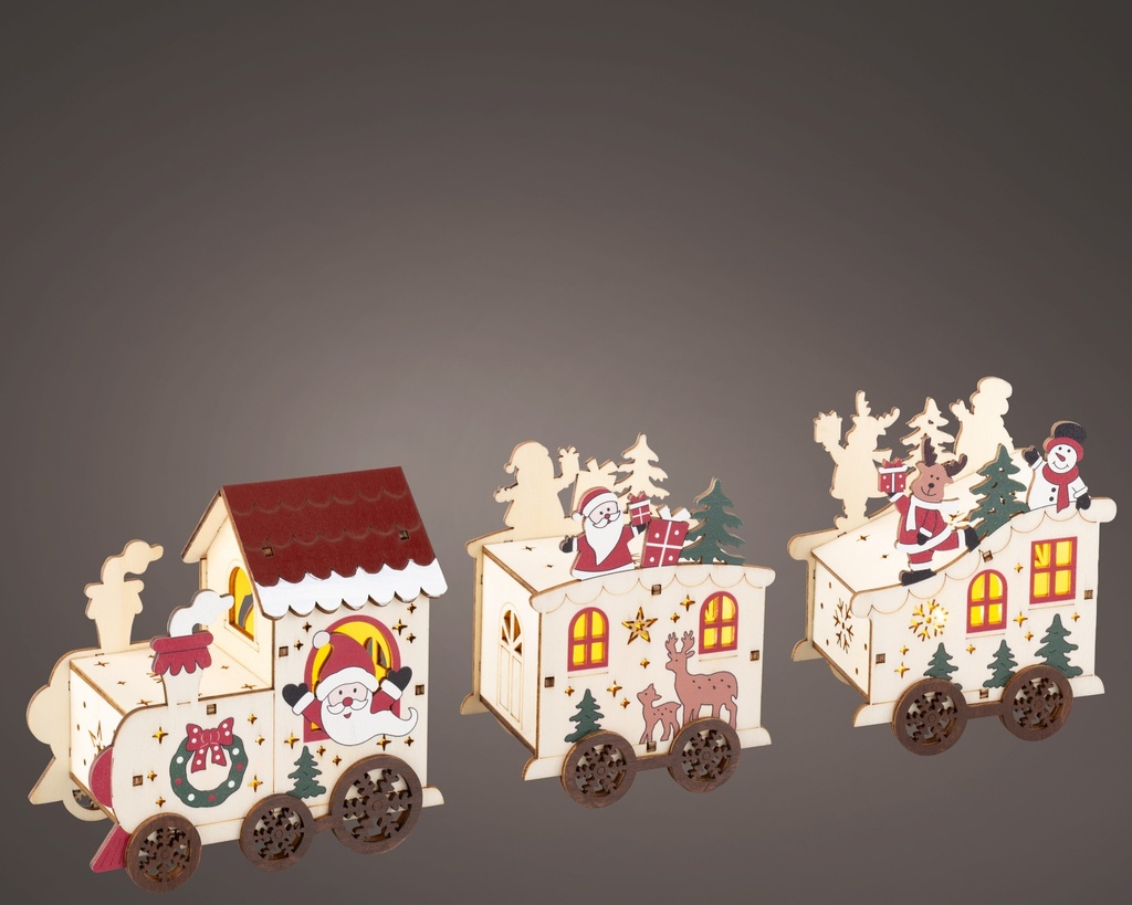 TRAIN EN BOIS AVEC LUMIERE - L7.50- l 39.50 - H12.70cm-3L