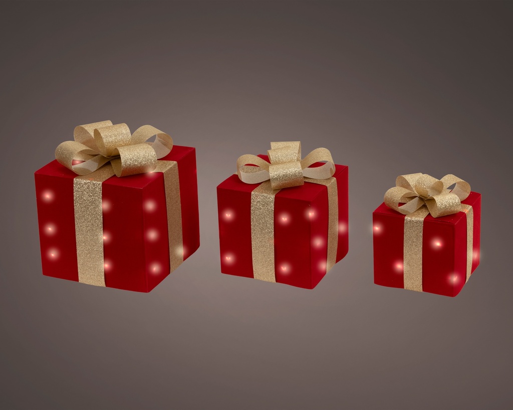 CAJAS DE REGALO CON LUCES - SET DE 3 - RED/WARM WHITE L19.00-W19.00-H24.00cm- 65LEDS