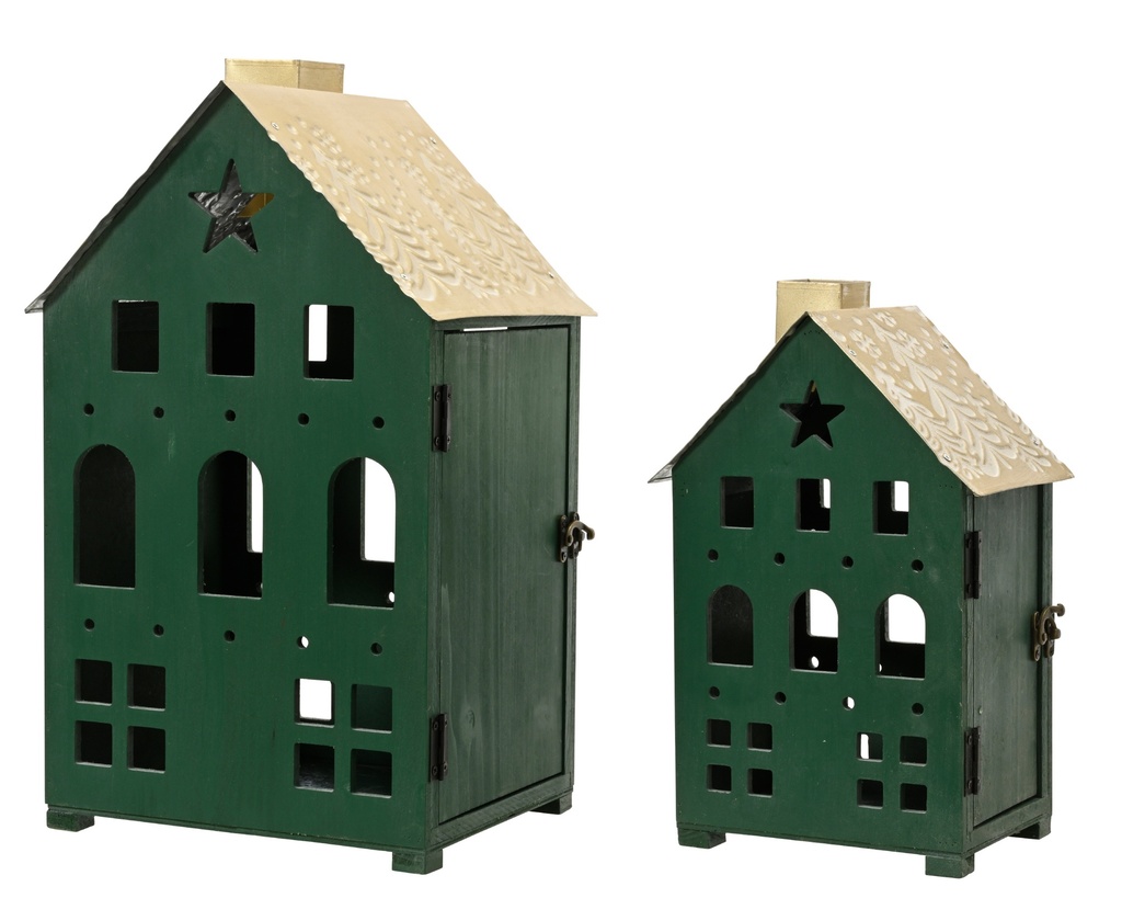 LINTERNA FORMA CASITA - VERDE/MADERA - SET DE DOS - L21.00-W25.50-H44.50cm /L14.50-W19.50-H31.50cm