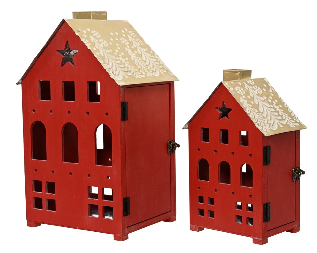 LINTERNA EN FORMA DE CASITA  - ROJO - METAL Y MADERA - SET DE DOS -L21.00-W25.50-H44.50cm /L14.50-W19.50-H31.50cm