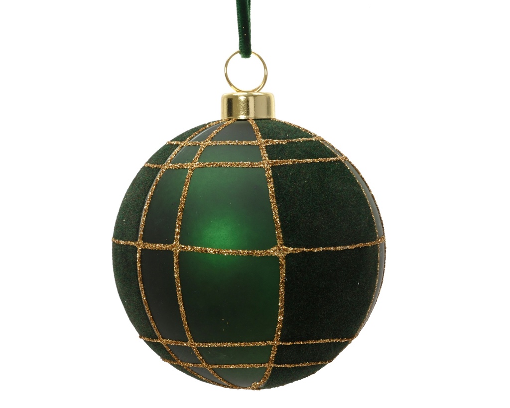***BAUBLES POLYSTYRENE VELVET CHECK PINE GREEN dia8.00cm