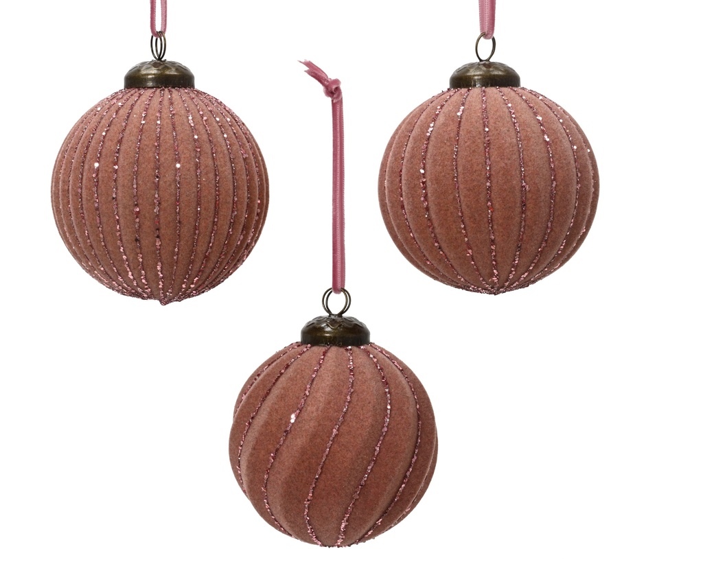 ***BAUBLES POLYSTYRENE GLITTER LINES VINTAGE PINK dia8.00cm