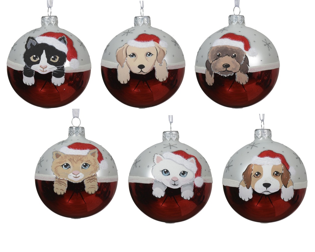 ***BAUBLE GLASS CATS AND DOGS WINTER WHITE dia8.00cm
