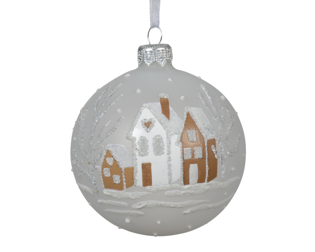 ***BAUBLE GLASS NATURAL HOUSES WINTER WHITE dia8.00cm