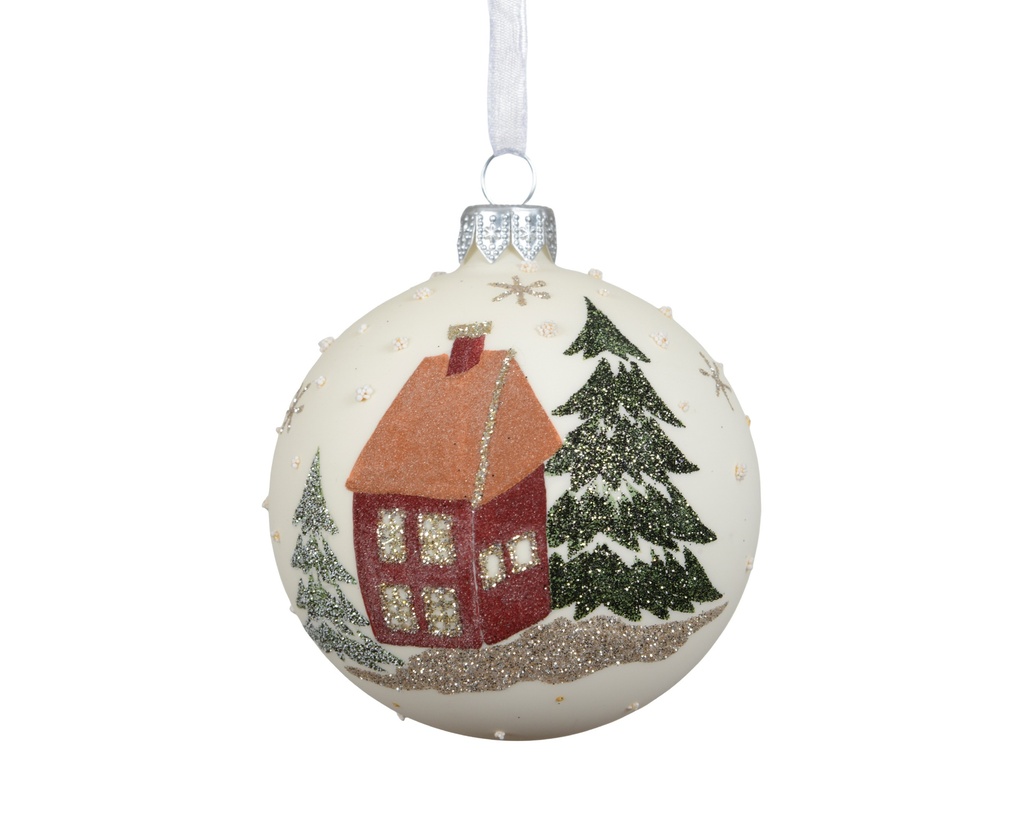 ***BAUBLE GLASS HOUSE WITH XMAS TREES WOOL WHITE dia8.00cm