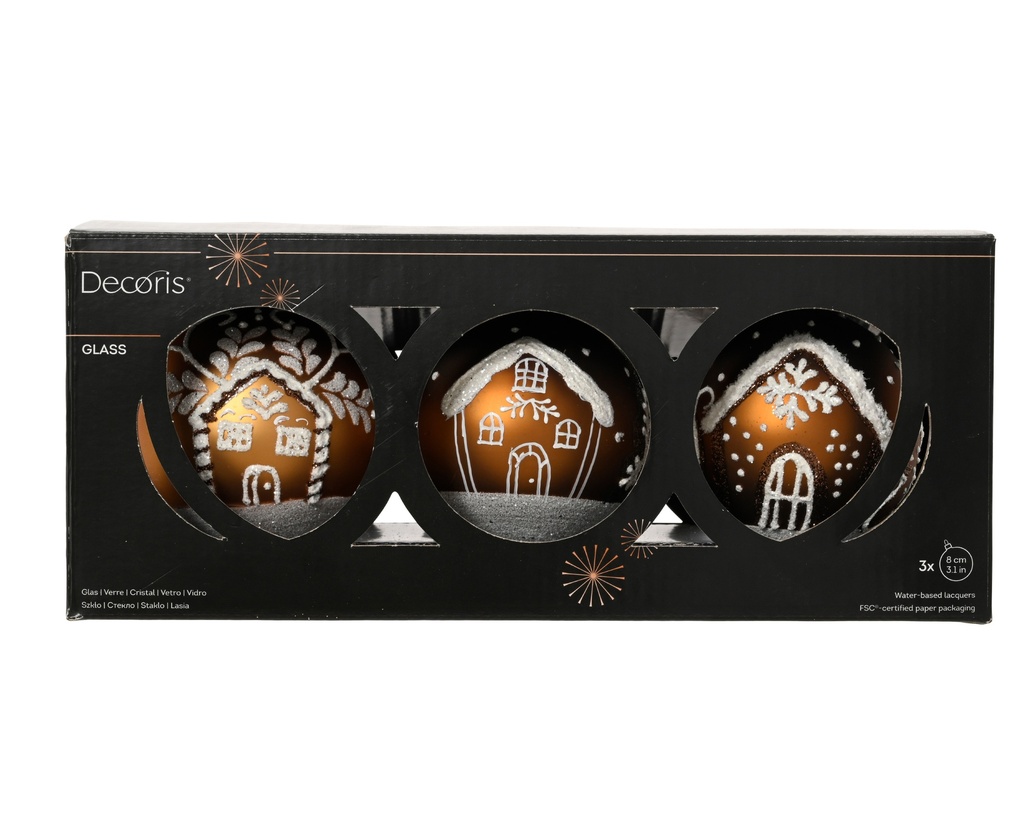 ***BAUBLES GLASS WITH SNOW FINISH ON BOTTOM BROWN dia8.00cm