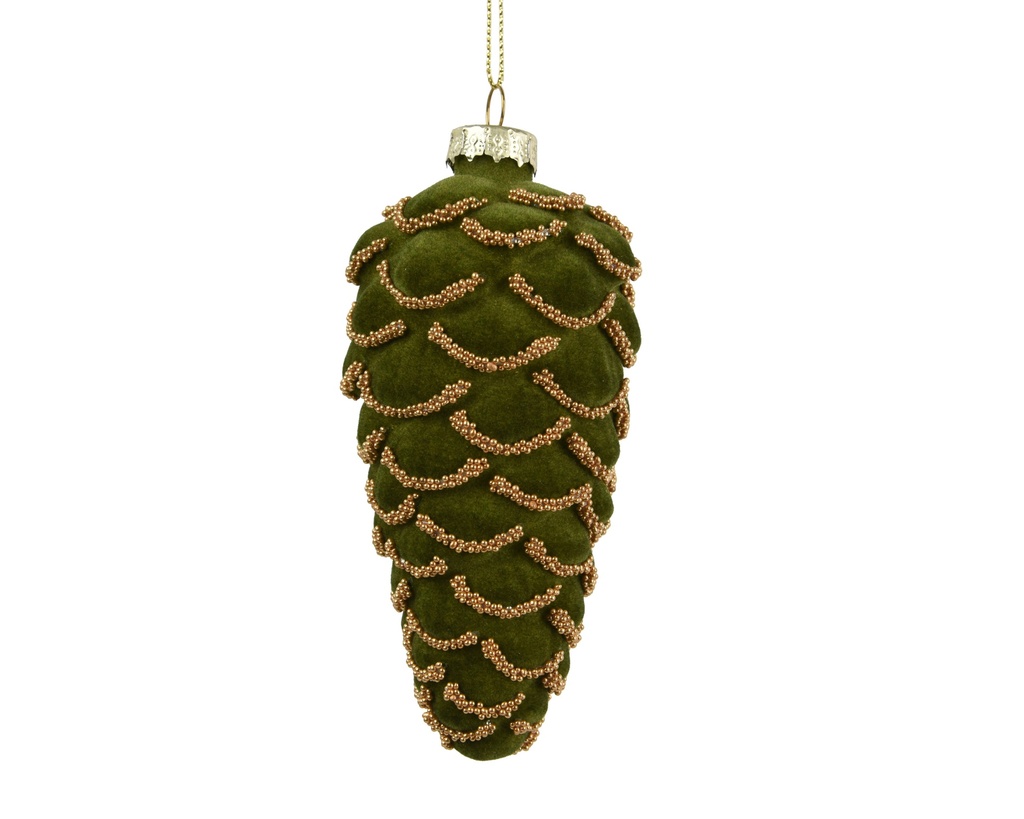 ***PINECONE GLASS WITH BEAD CHAINS GREEN dia6.00-H12.50cm