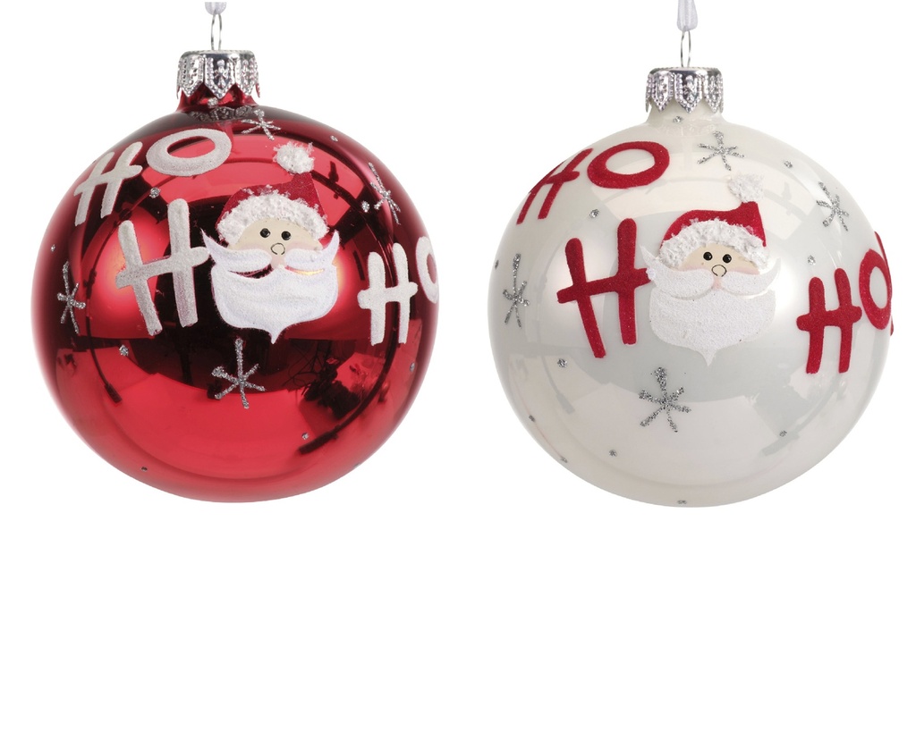 ***BAUBLE GLASS SANTA AND TEXT: HO HO HO ASSORTED dia8.00cm