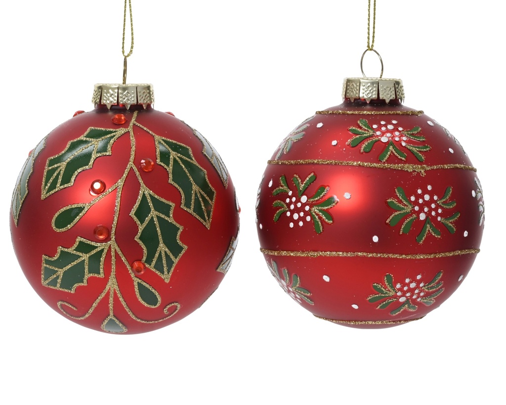 ***BAUBLE GLASS W BRANCHES- BEADS CHRISTMAS RED dia8.00cm