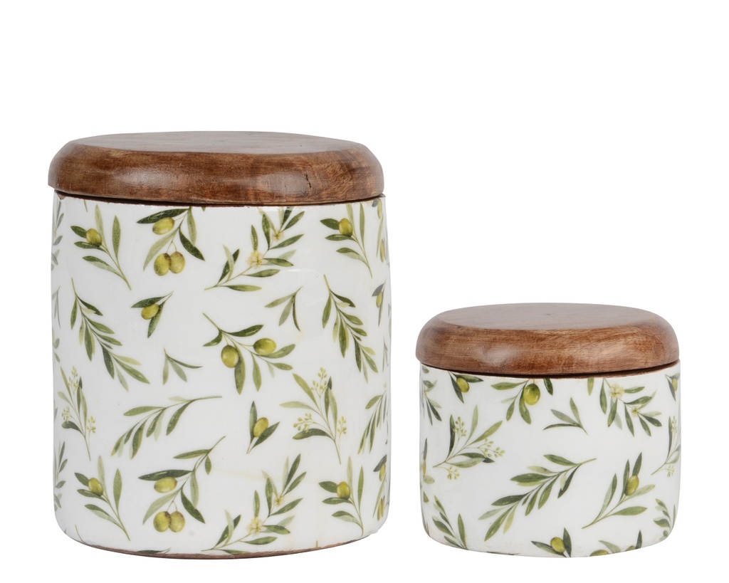***BOX MANGOWOOD WITH OLIVE ENAMEL PRINT FSC 100% WHITE D.13cm x H.16cm