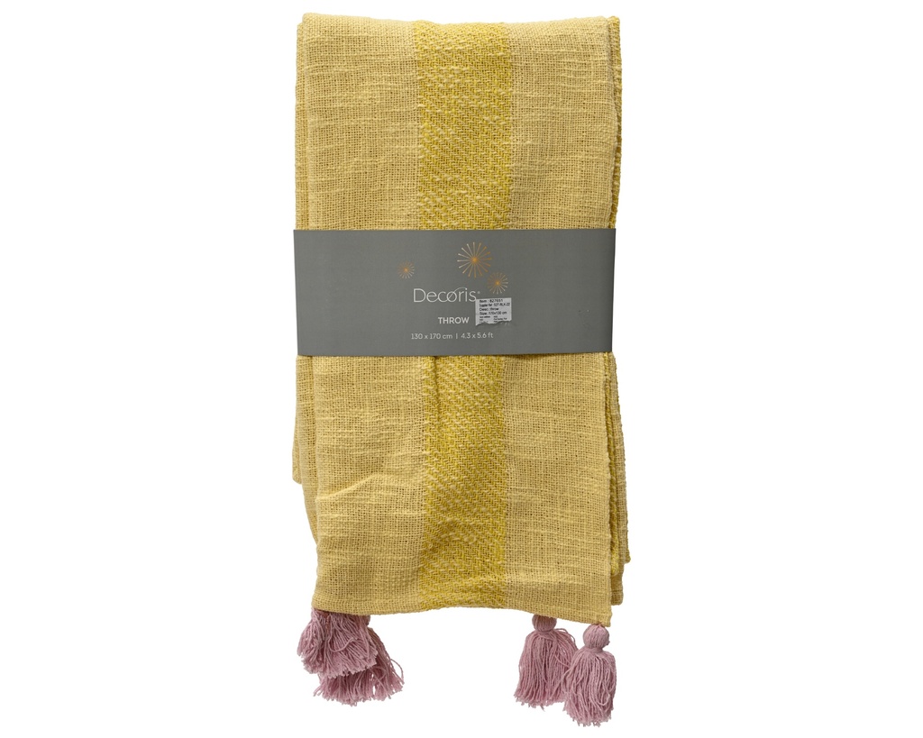 ***THROW COTTON RETANGLE WITH STRIPES AND TASSELS YELLOW L.170cm x W.130cm x H.0.3cm