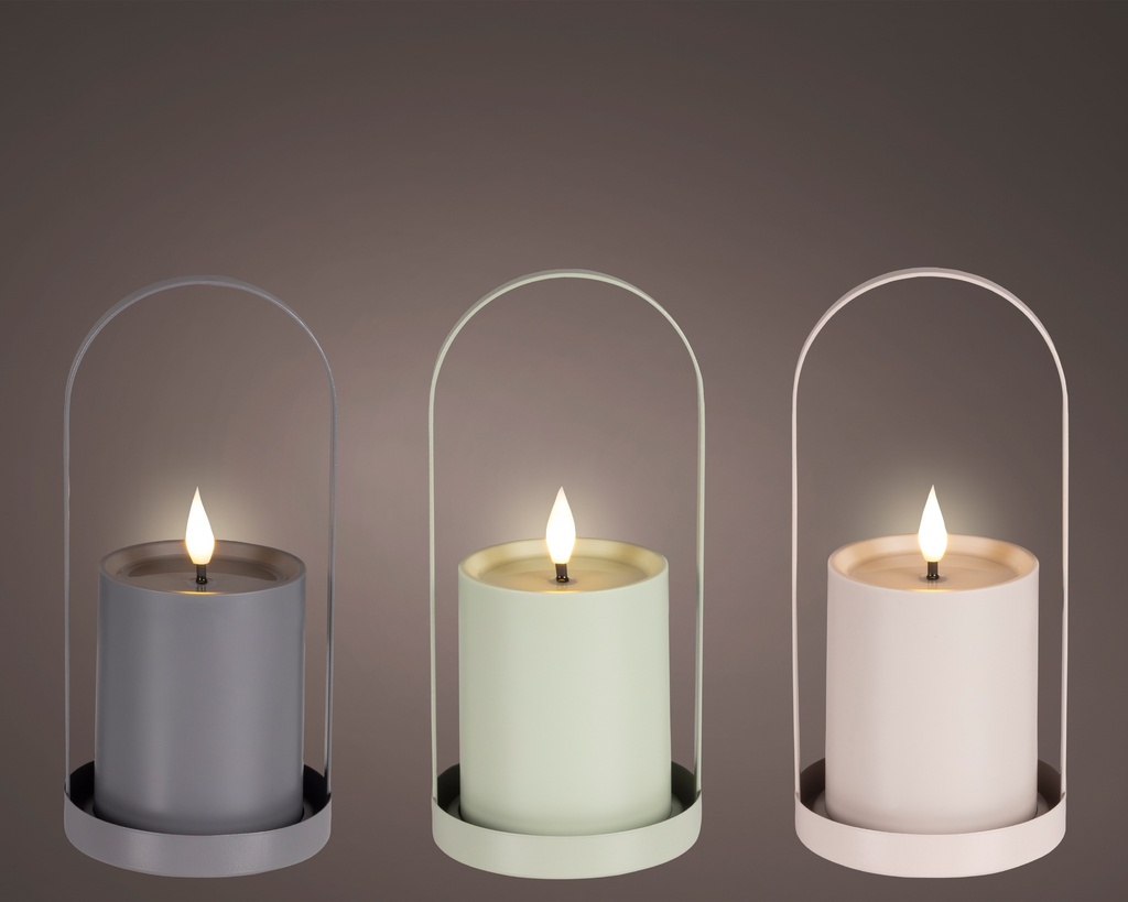 ***LED LANTERN IRON FIRE FLAME EFFECT BO OUTDOOR 3COL ASS ASSORTED/WARM WHITE D.9.5cm x H.21cm