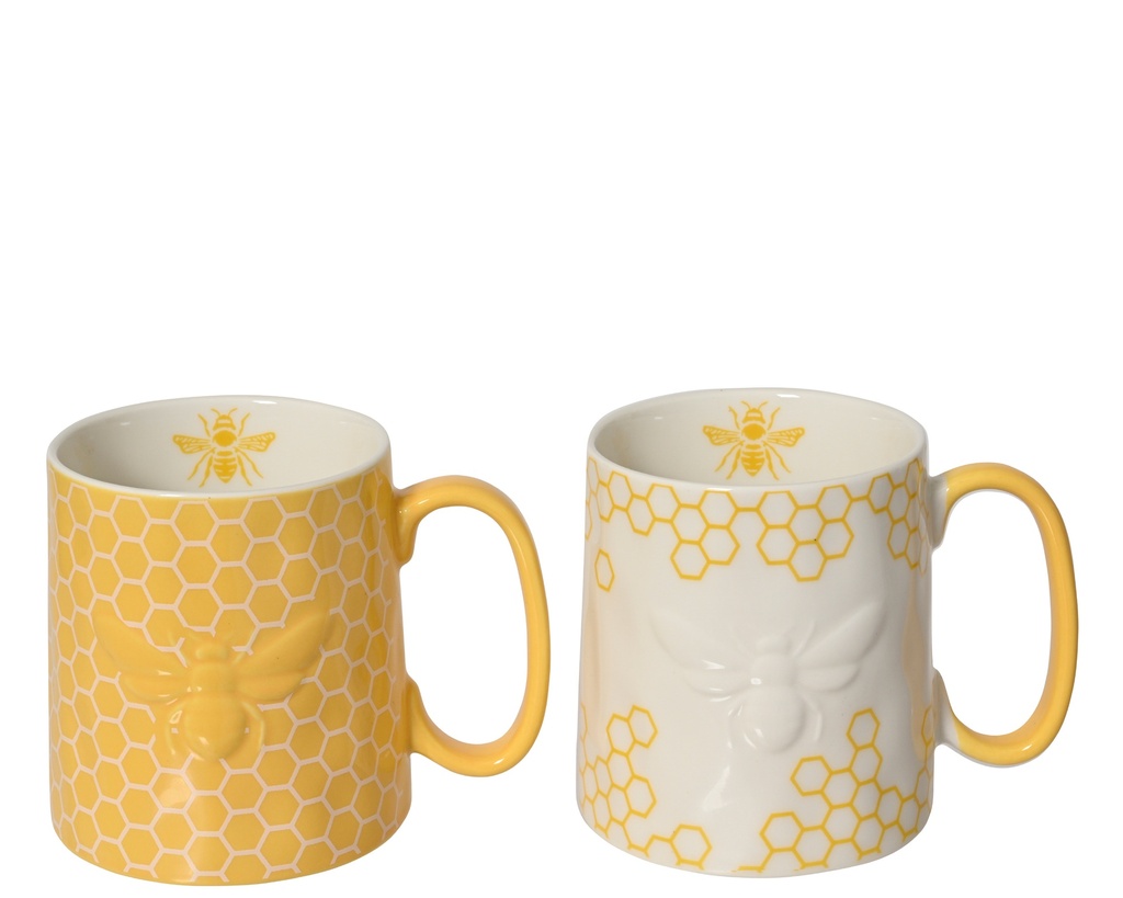 ***MUG PORCELAIN SILKSCREEN EMBOSSED BEE, COLOR EAR 2COL ASS WHITE/YELLOW L.12.5cm x W.8.5cm x H.10cm