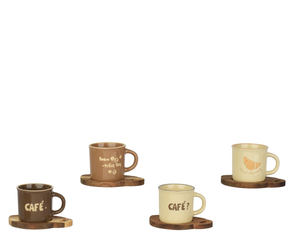 ***CUP AND SAUCER SET STONEWARE CUP IN BROWN - DARK BROWN - LIGHT YELLOW - BEIGE, SIZE 7.5X5.5X5.5CM, ACICIA COASTER X4, SIZE 10X6.5X0.8CM FSC 100% MULTI L.7.5cm x W.6.5cm x H.5.5cm