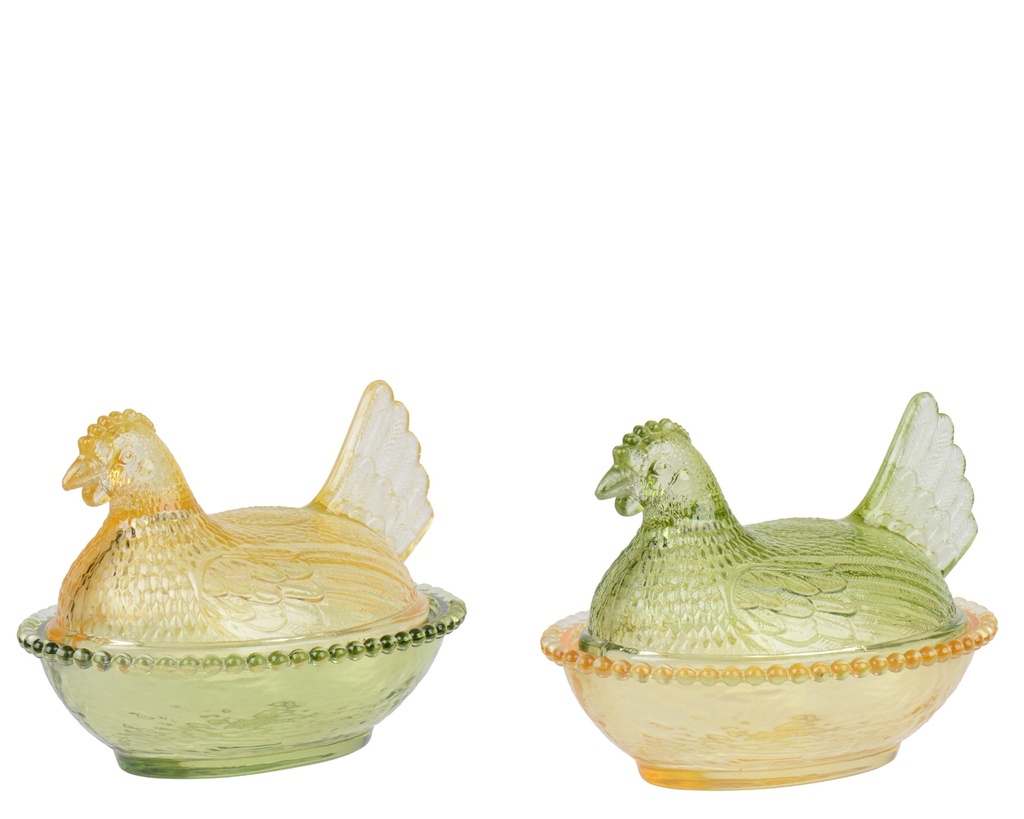 ***STORAGE BOWL GLASS HEN 2COL ASS ASSORTED L.19cm x W.13.3cm x H.13.3cm