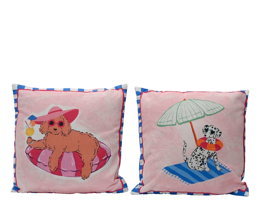 ***CUSHION POLYESTER SQUARE DOG PRINT 2ASS PINK/COLOUR(S) L.43cm x W.43cm x H.3cm
