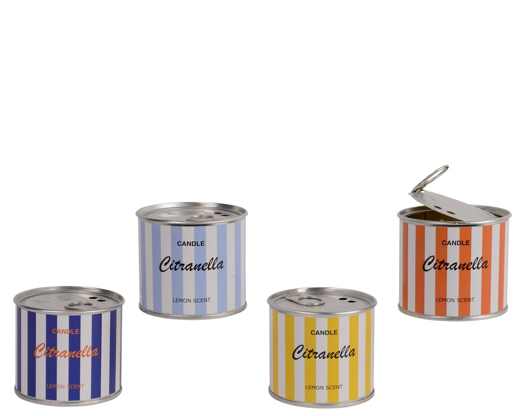 ***CITRONELLA CANDLE WAX ROUND TIN, WITH VERTICAL STRIPES 4COL ASS OUTDOOR ASSORTED D.7.7cm x H.6.6cm