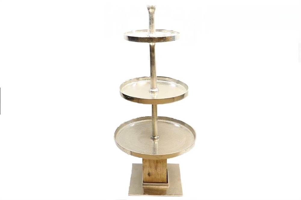 ETAGERE MADERA CON PIE Y DETALLES EN PLATA-PRECIOSO-3PISOS-117CM