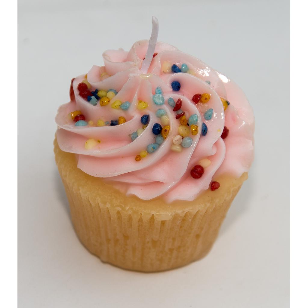 VELA CERA CUPCAKE ROSA CON TOPPING DE COLORES - DIÁMETRO 6.5CM