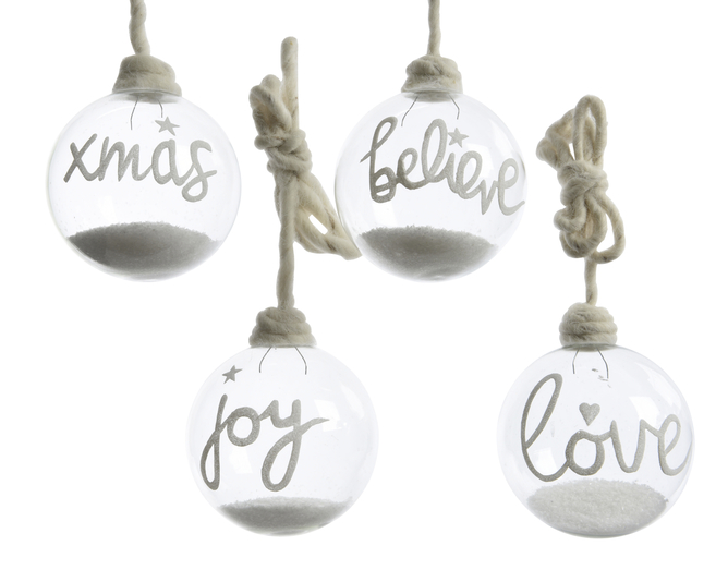 GL BAUBLE W TEXT W SNOW 4ASS DIA10-H12CM