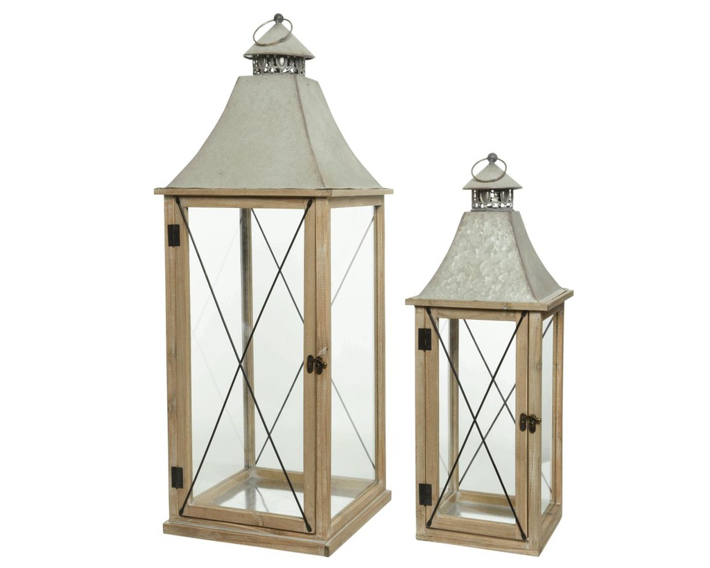 FIRWOOD LANTERN W ZINC ROOF L30-W30-H85CM