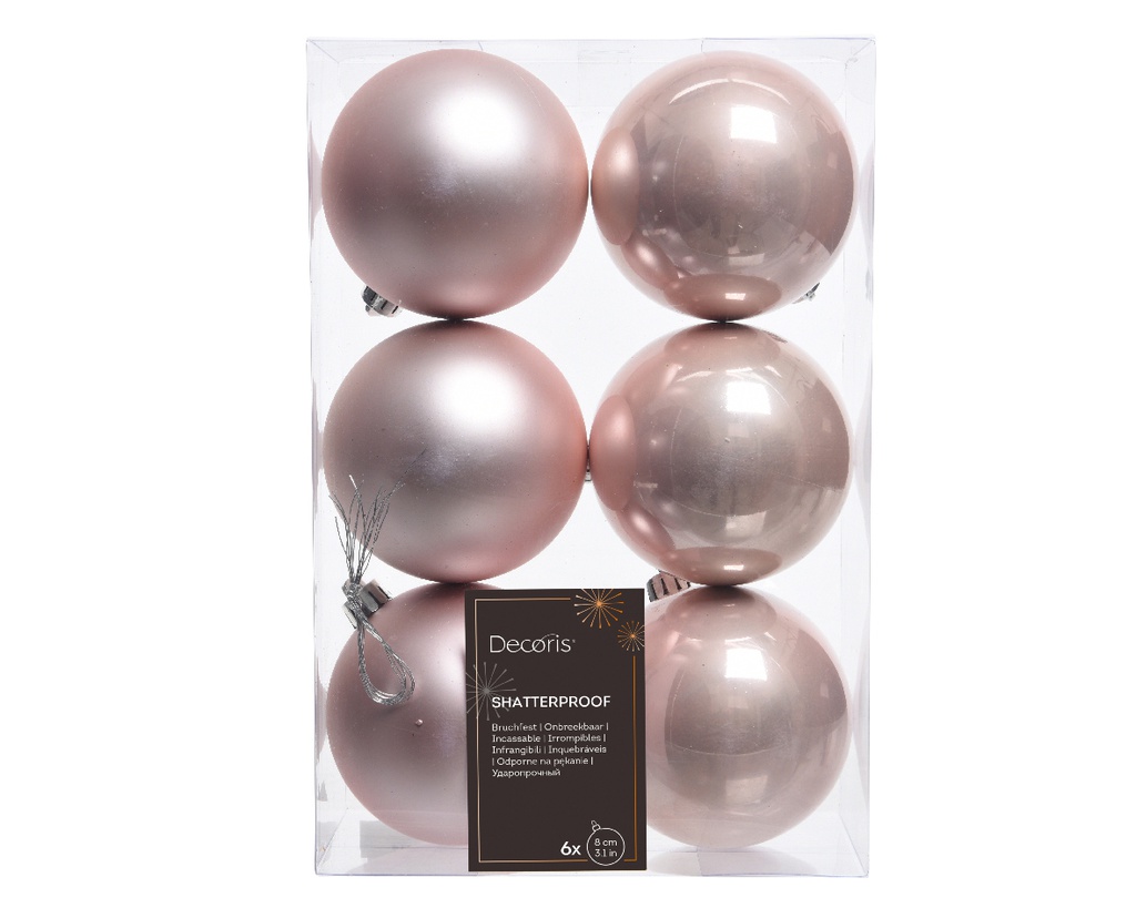 ASSORTIMENT DE BOULES - ROSE PALE BRILLANT/MAT - 8CM - 6 PCS