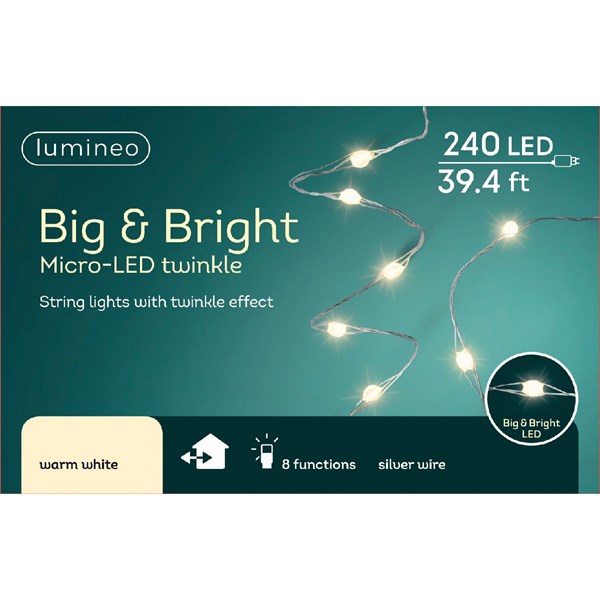 MICRO LED "BIG&BRIGHT" - 12M - 240LEDS - CABLE PLATEADO - LUZ CALIDA - APTO EXTERIOR

