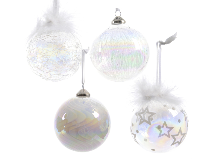 BAUBLE GLASS SPUNGLE- SWIRL-CRACKLE- FEATHER- STARS DIA8CM