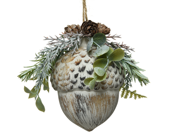 POMME DE PIN EN BOIS AVEC FEUILLE ENNEIGÉE SUSP - 13CM