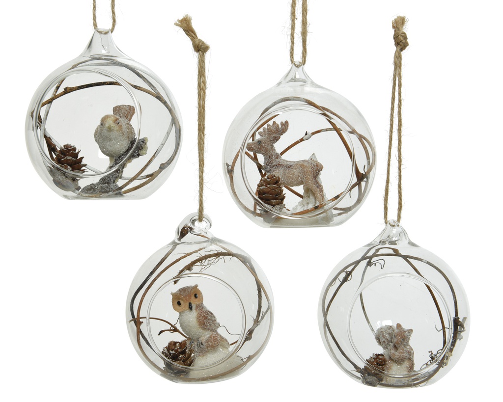 BAUBLE GLASS ANIMAL INSIDE- PINECONE- BRANCHES DIA8-H8.50CM