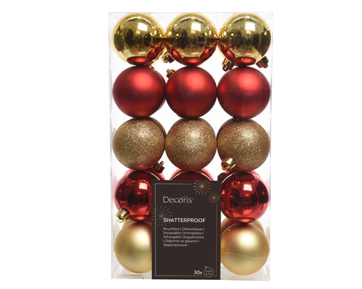 BOITE DE 30 BOULES DE NOEL EN PLASTIQUE - OR/ROUGE - DIA6CM