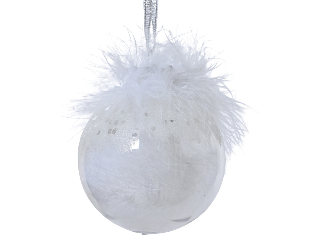 BAUBLE SHATTERPROOF WITH WHITE FEATHERS INSIDE DIA8CM