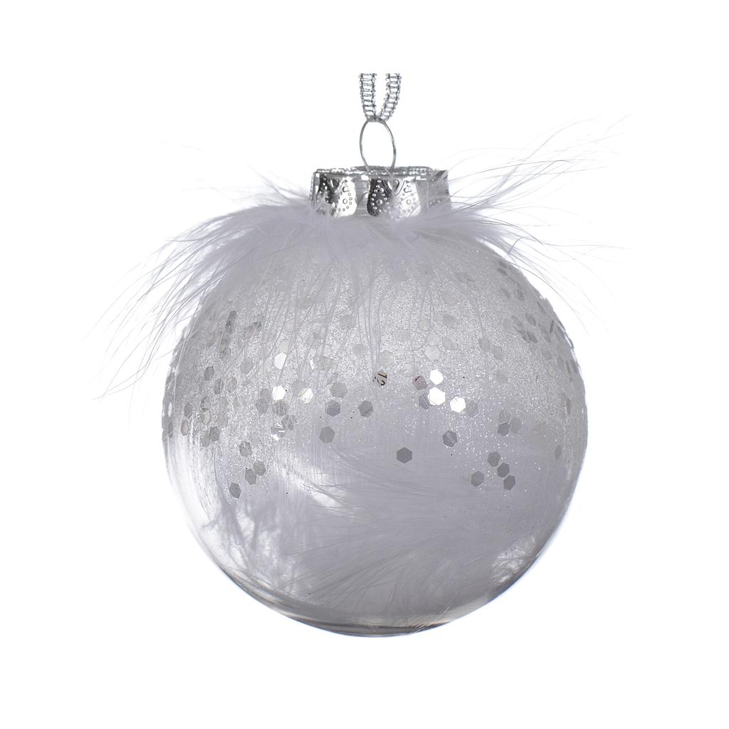 BAUBLE SHATTERPROOF WITH WHITE FEATHERS INSIDE DIA8CM