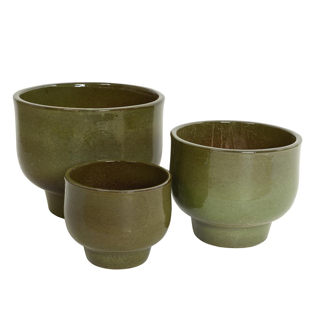 MACETAS TERRACOTA GLASEADA-VERDE OLIVA-SET DE 3