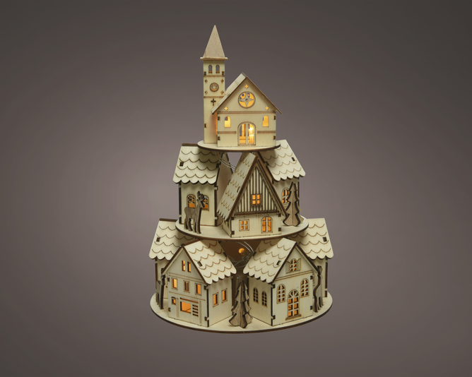 PETITE MAISON ILLUMINEE EN BOIS - 29CM - 10 LED/BAT/CHA/6H