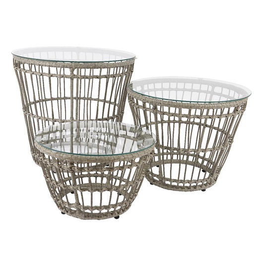 [4-841815] MESITAS MIMBRE Y CRISTAL-SET DE 3-GRIS