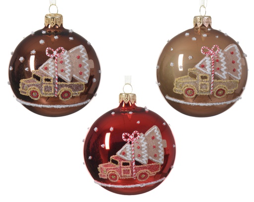 ***BAUBLE GLASS CAR WITH XMAS TREE ASSORTED dia8.00cm