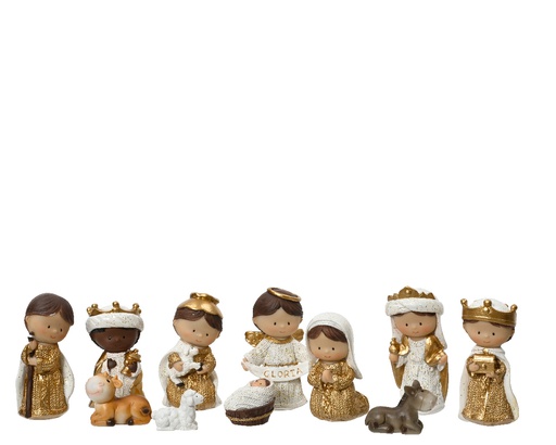 [4-596117] ***NATIVITY SET POLYRESIN CREAM/GOLD L5.00-W3.50-H9.70cm