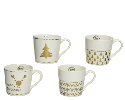 [4-608182] TASSE EN PORCELAINE MOTIFS NOËL - 4 ASSORTIMENTS - L13.50-W9.70-H9.10cm