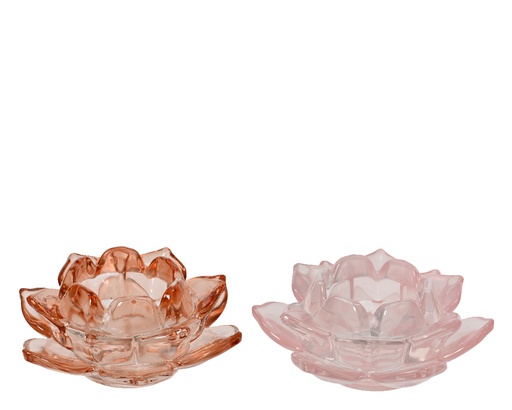 [4-647469] PORTE BOUGIE CRISTAL FORME FLEUR OUVERTE  - ROSE/PÊCHE - dia12.00-H4.80cm