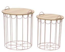 [4-843384] CESTA METAL CON TAPA MADERA - ROSA - SET DE DOS -dia40.00-H48.50cm