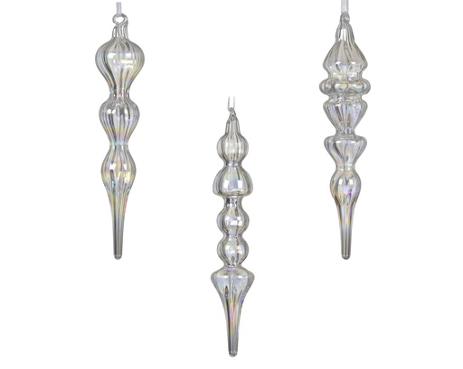 [4-070454] ***ORNAMENT GLASS TRANSPARENT/IRIS dia3.80-H18.00cm