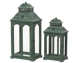 [4-386577] LINTERNA MADERA VERDE - SET DE DOS - L23.00-W32.00-H66.00cm  L17.00-W25.00-H52.00cm