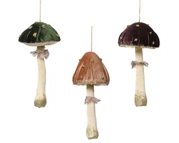 [4-519010] CHAMPIGNON EN VELOURS A SUSPENDRE - VERT SAPIN, CITROUILLE EPICE OU MAUVE FONCE - PRIX A L'UNITE - L12.00-W12.00-H25.00cm